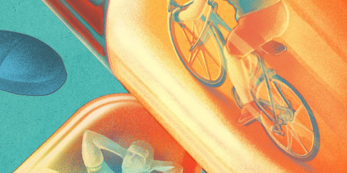A stylized, colorful illustration of a person riding a bicycle and another person lying down.