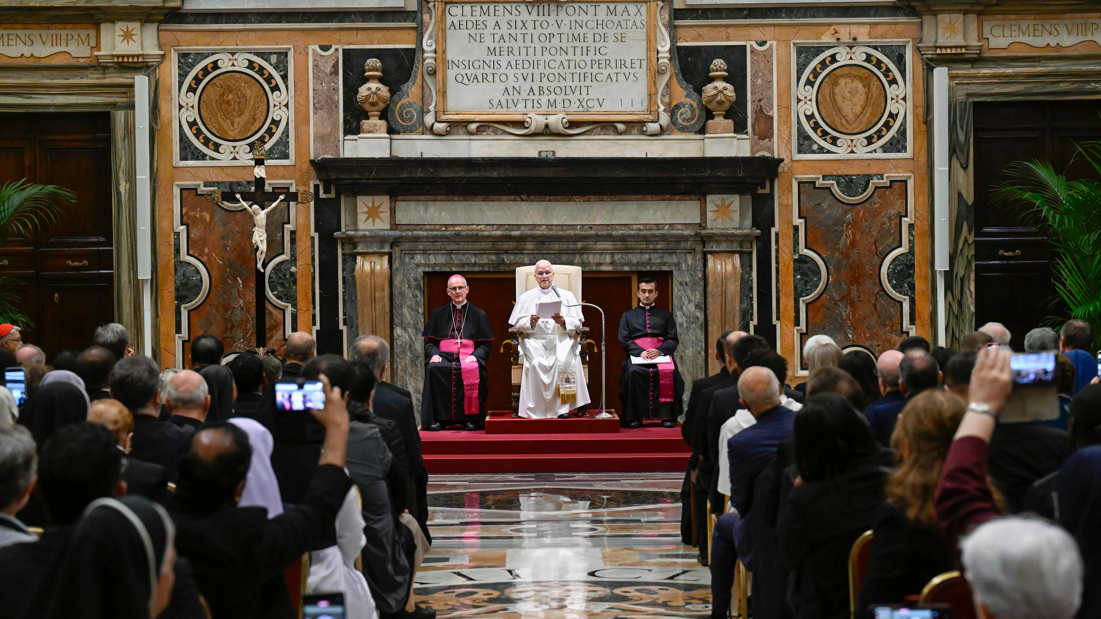 Pope Leo XIV delivers remarks during a private audience at the Apostolic Palace in the Vatican with participants in the “Holiness in History” conference on Oct. 21, 2026. | Credit: Vatican Media