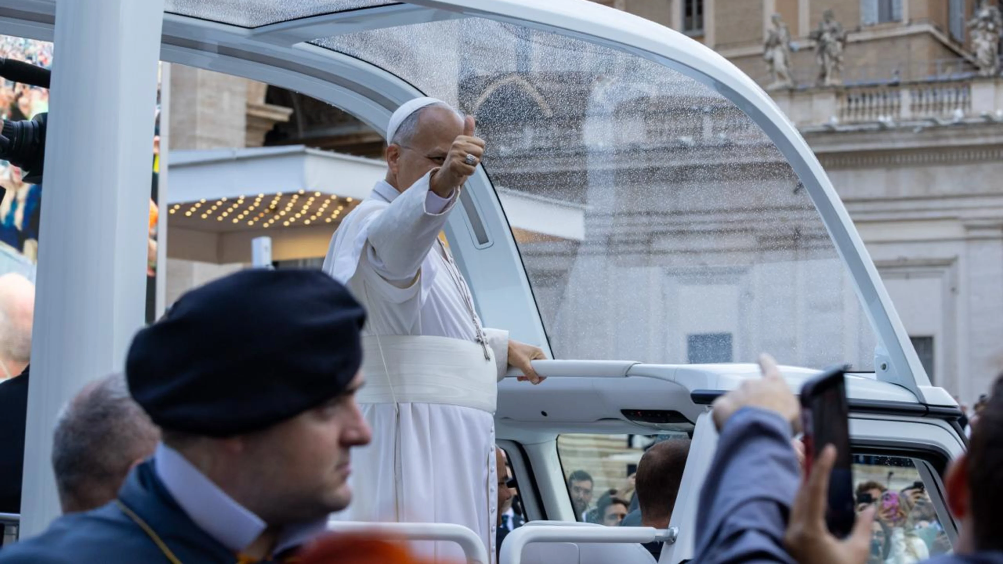 Pope Leo XIV takes his first ride in the popemobile post-lung surgery during the weekly general audience in St. Peter’s Square on Oct. 21, 2026. | Credit: Daniel Ibañez/EWTN News