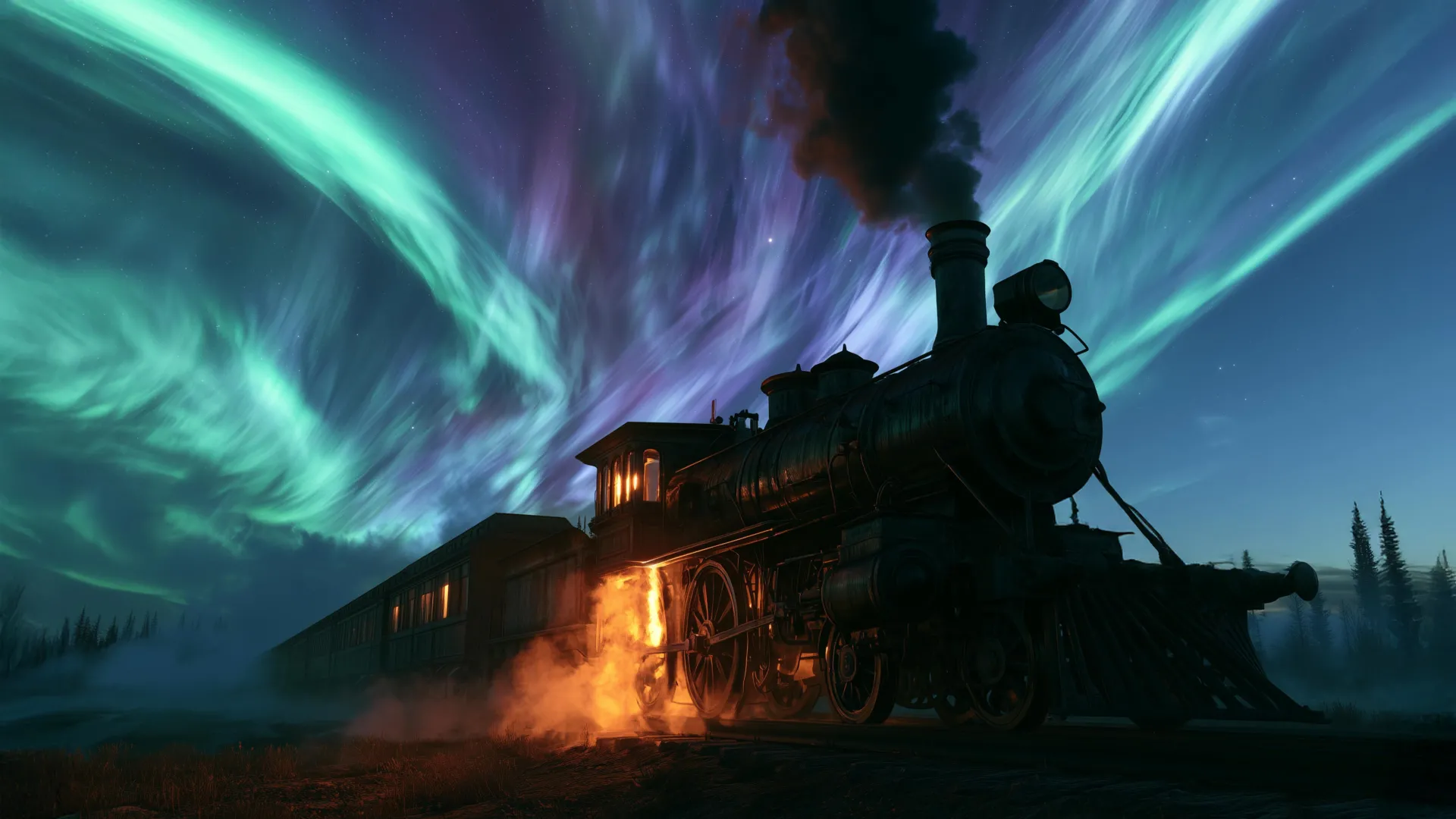 A steam locomotive travels along tracks under a vibrant aurora borealis in a night sky.
