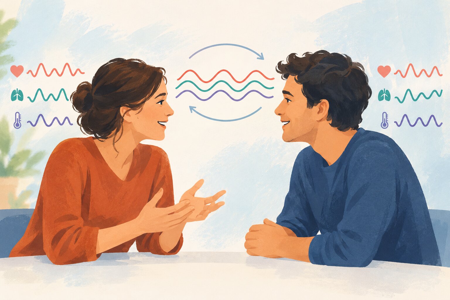 An illustration of two people sitting at a table facing each other with wavy lines and medical icons between them.